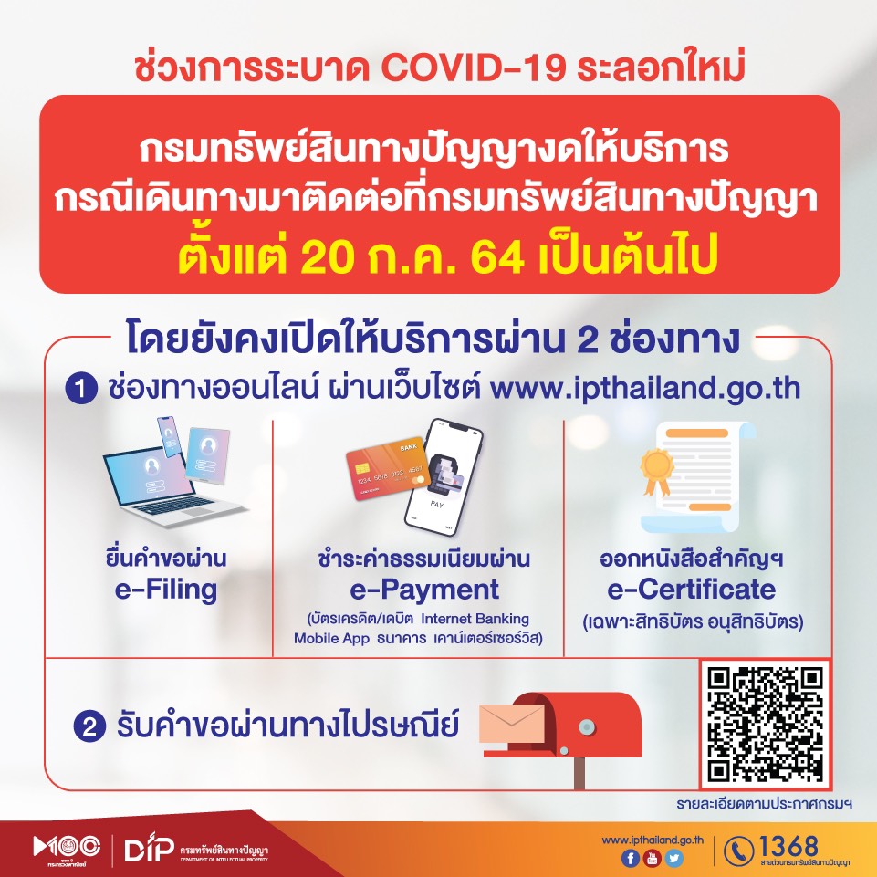 งดการให้บริการกรณีเดินทางมาติดต่อที่กรมทรัพย์สินทางปัญญา